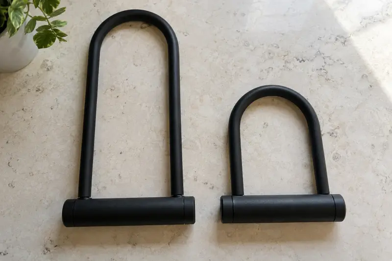 Illustrative U-shaped locks of different lengths lying separately on a stone counter.