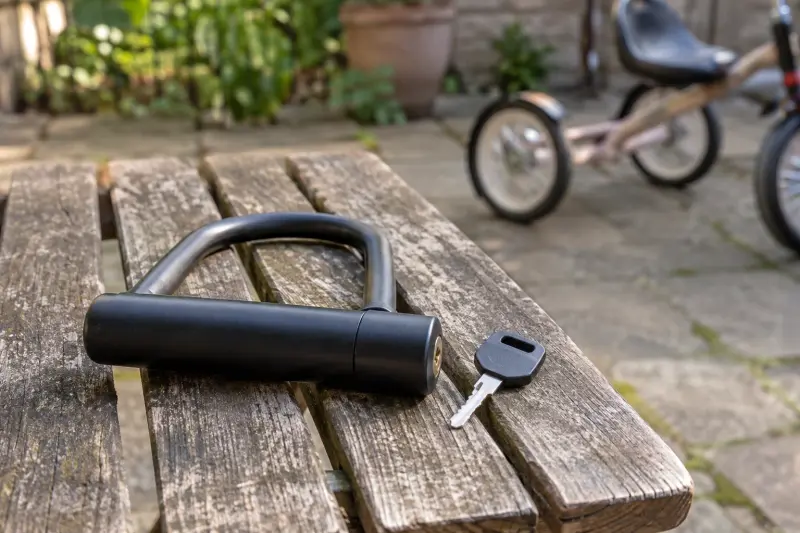 Illustrative lock and key resting on a wooden bench near a stationary tricycle.