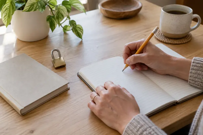 Illustrative hands making paper notes beside a plain lock and closed booklet.