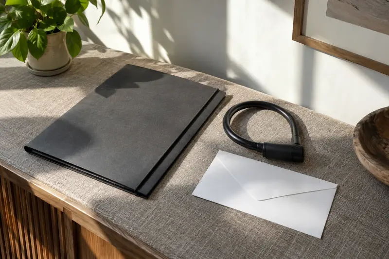 Illustrative closed document folder and cycle lock on a linen-covered surface.