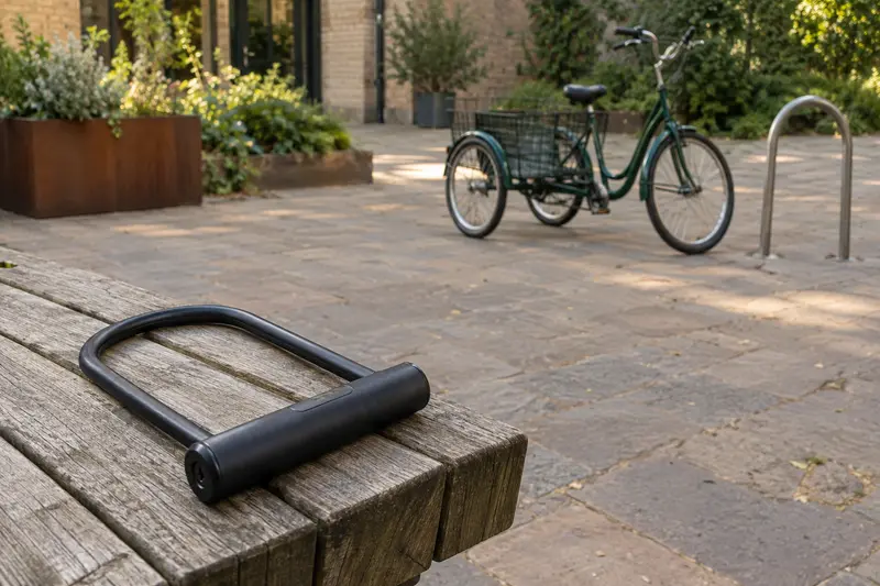 Illustrative uninstalled U-lock on a bench with an adult tricycle in the background.