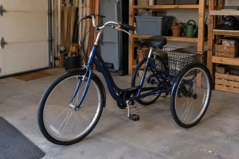 Illustrative generic adult tricycle standing unused in a home garage before sale questions are considered.