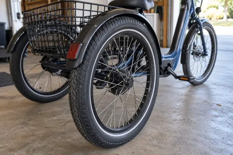Illustrative detail of a generic tricycle tyre, spokes and rear basket, without a condition assessment.