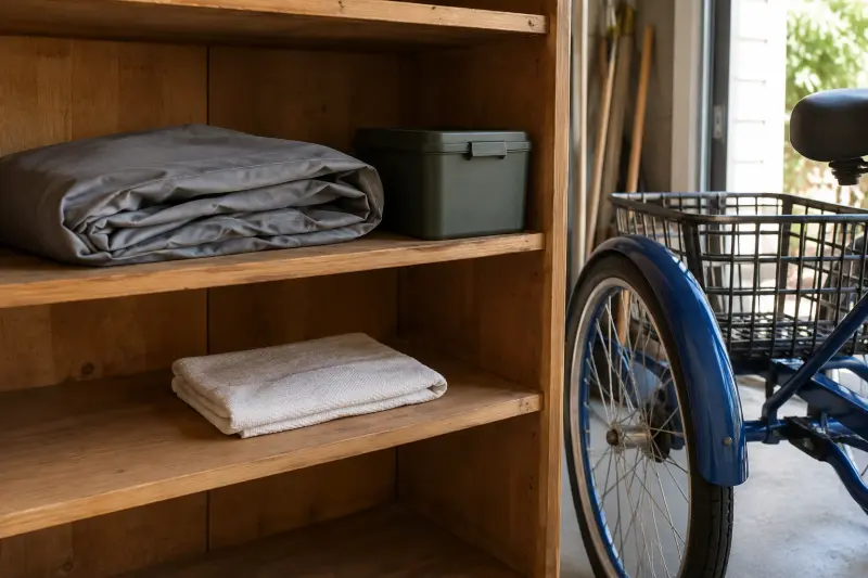 Illustrative ownership storage with a folded cover, dry cloth and closed box beside a generic tricycle.