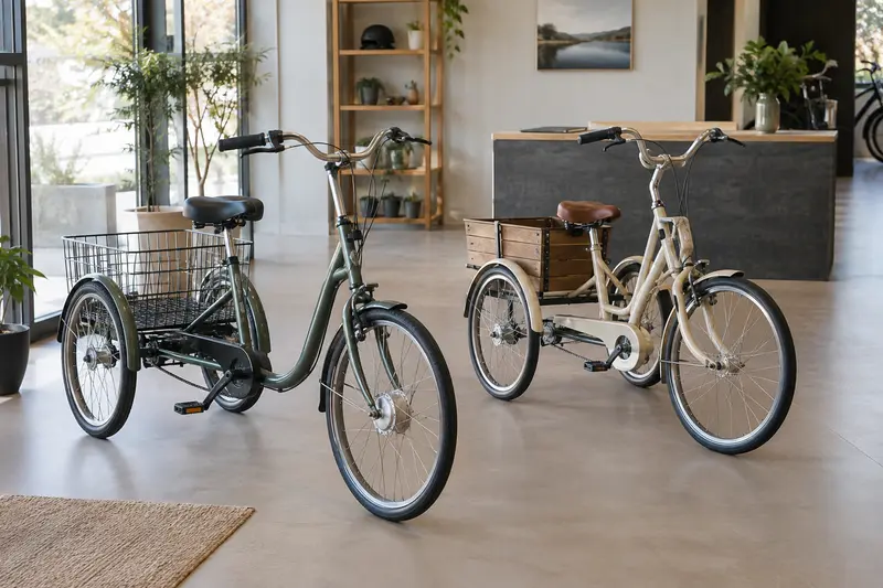 Illustrative pair of unbranded adult tricycles in a bright showroom.