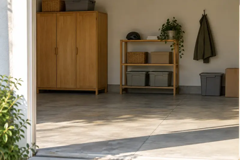 A dry garage with clear floor, closed storage boxes and a generic helmet.