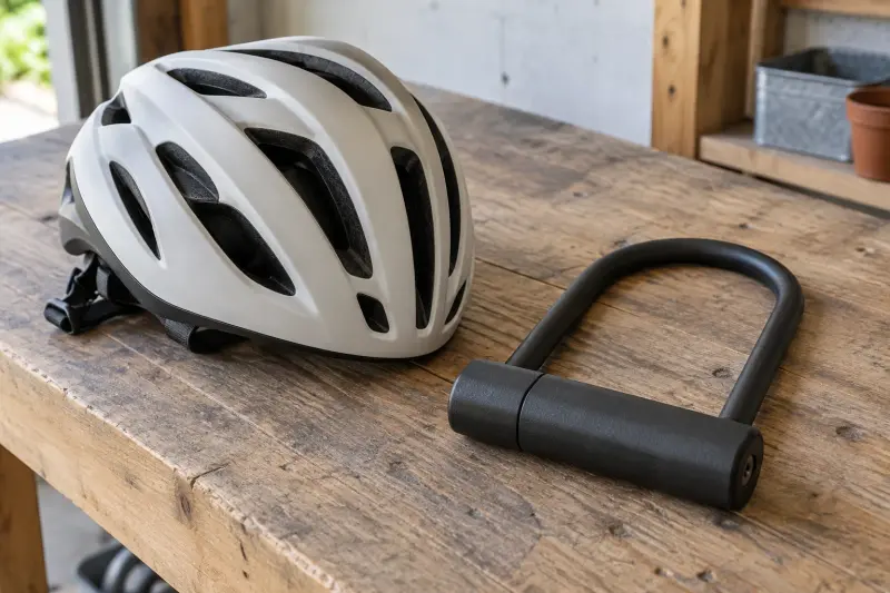 A generic helmet and unattached lock on a dry garage bench.