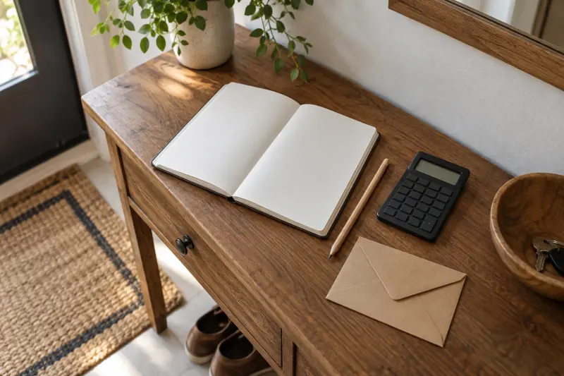 A blank notebook, unmarked calculator and plain envelope on a console.