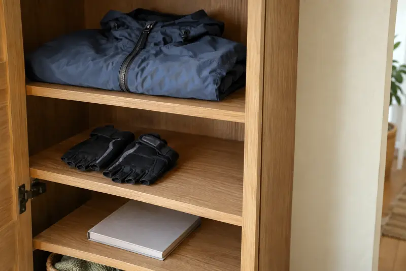 Folded cycling clothing and a blank booklet in a dry cupboard.