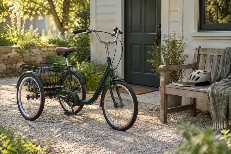 Illustrative parked adult tricycle beside a bench holding a helmet and notebook.