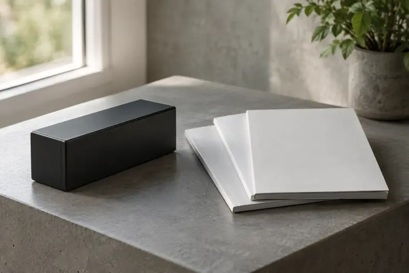 Illustrative closed battery-shaped component beside two plain closed booklets.