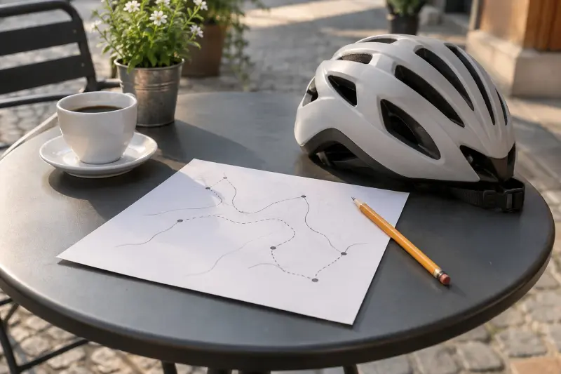 Illustrative unlabelled route sketch and plain cycle helmet on a café table.