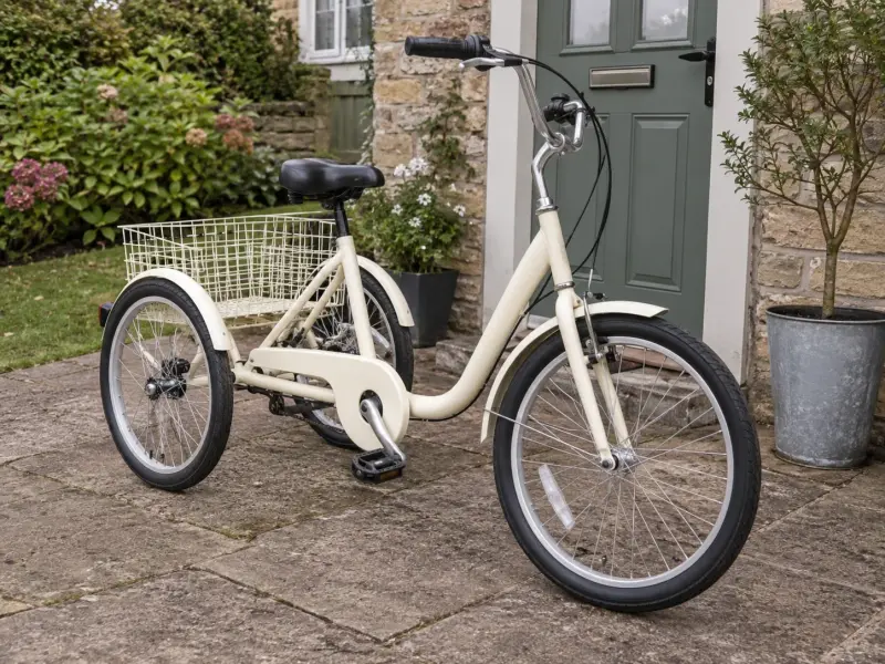 Illustrative unoccupied tricycle parked beside a domestic doorway.