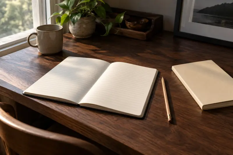 Illustrative blank ruled notebook, pencil and closed booklet on a walnut desk.