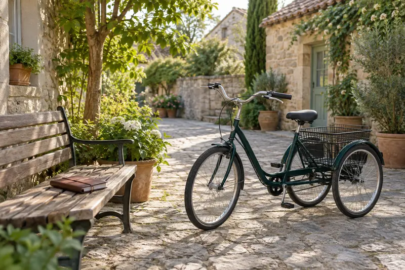 Illustrative parked adult tricycle beside a bench with a route notebook.