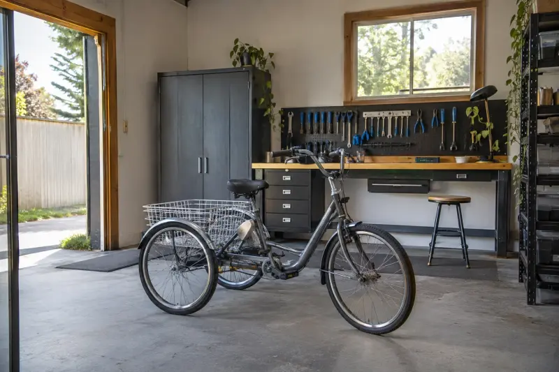 Illustrative generic tricycle standing unused in a cycle workshop, with tools stored separately.