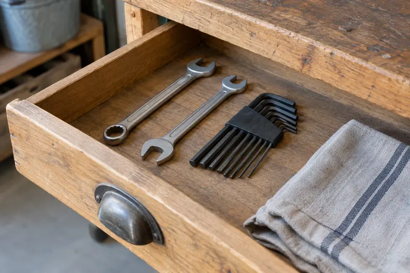 Illustrative workshop drawer storing unused spanners, hex keys and a dry cloth.