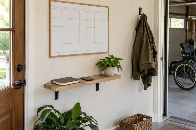 Illustrative service planning corner with a blank wall planner, closed notebook and phone on a narrow shelf.
