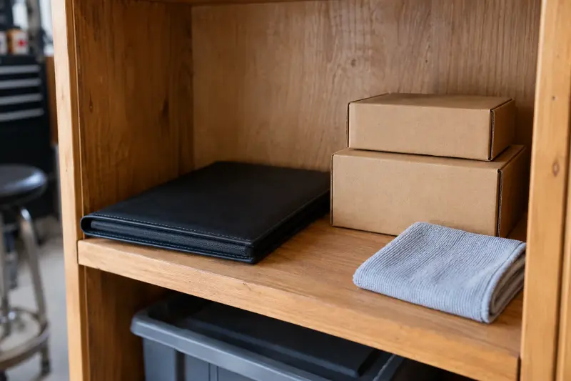 Illustrative service record storage with a closed document wallet, unlabelled boxes and dry cloth on a cabinet shelf.