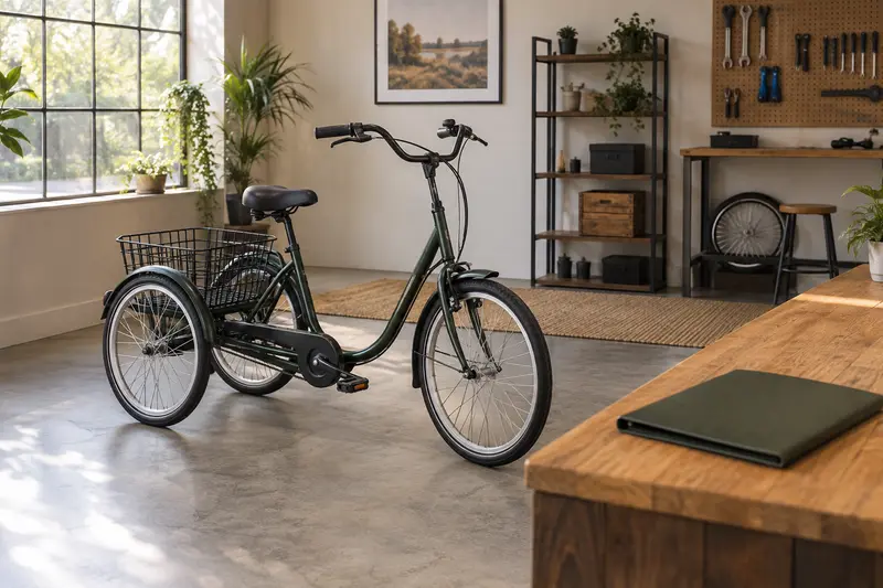 Illustrative unbranded adult tricycle and closed owner folder in a tidy workshop.