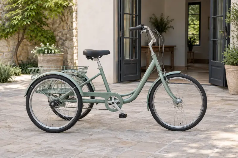 A plain step-through tricycle parked beside an open doorway.