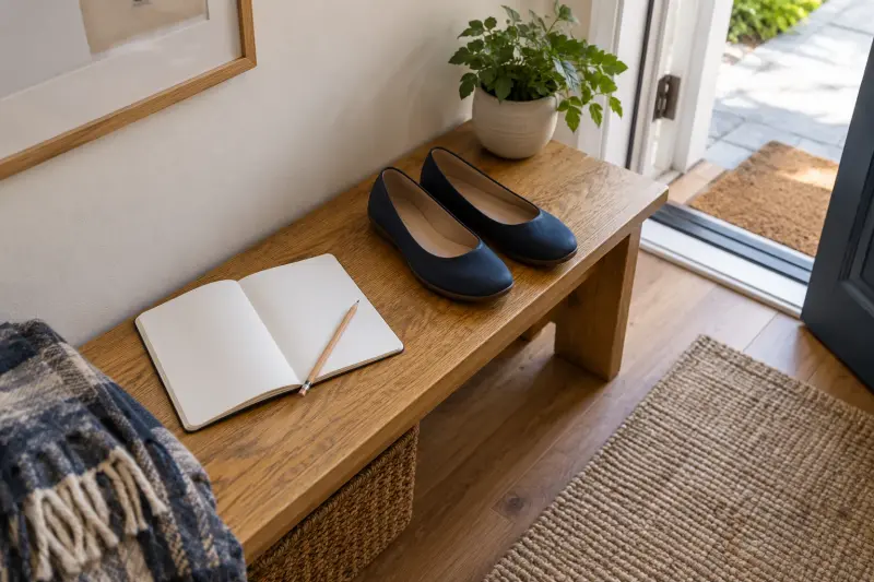 Flat shoes beside a blank notebook on a hallway bench.