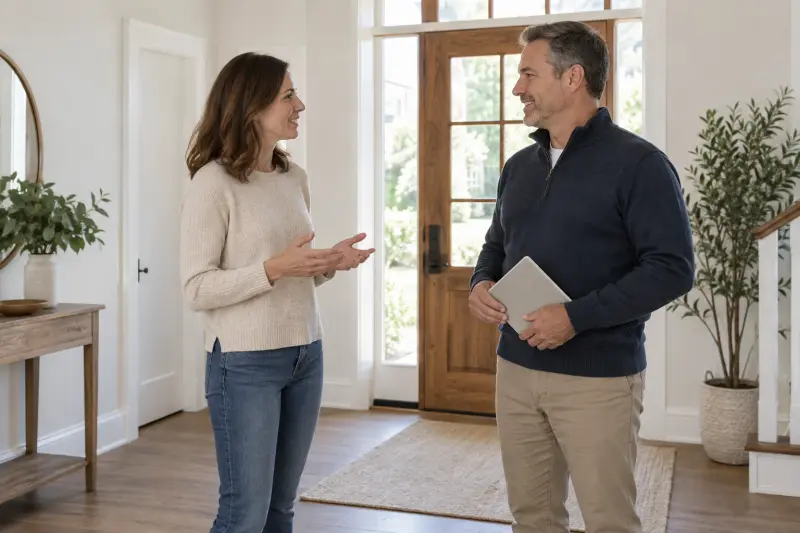 Two adults discussing a closed plain booklet in a home entrance.