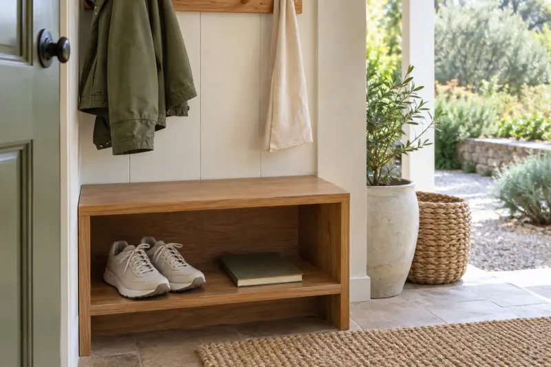 Shoes and a closed plain booklet in a dry porch cubby.
