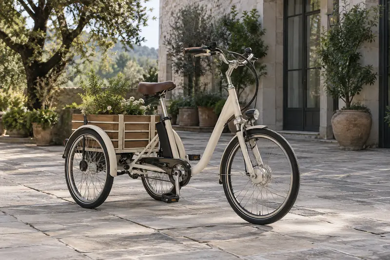 Illustrative unbranded step-through adult tricycle parked in a paved courtyard.