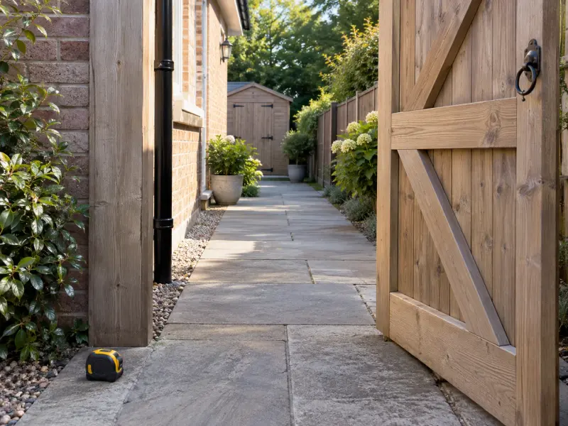Illustrative open garden gate and passage with a closed tape-measure case on the paving.