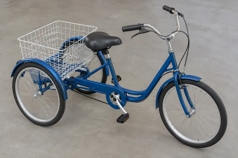 Illustrative plain tricycle with an empty basket on a neutral studio floor.