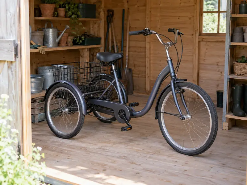 Illustrative adult tricycle in a timber shed with clear floor around it.