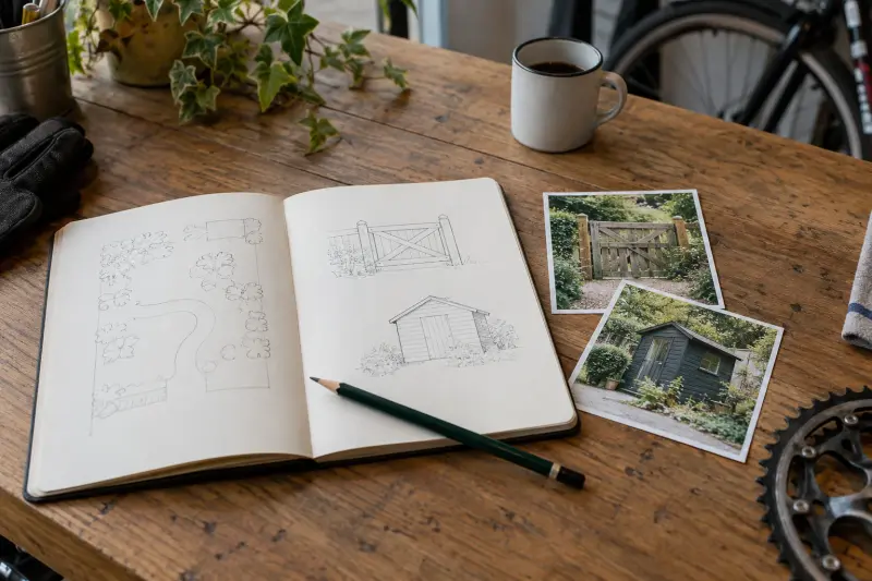 Illustrative route notes and small garden-access photographs on a wooden counter.