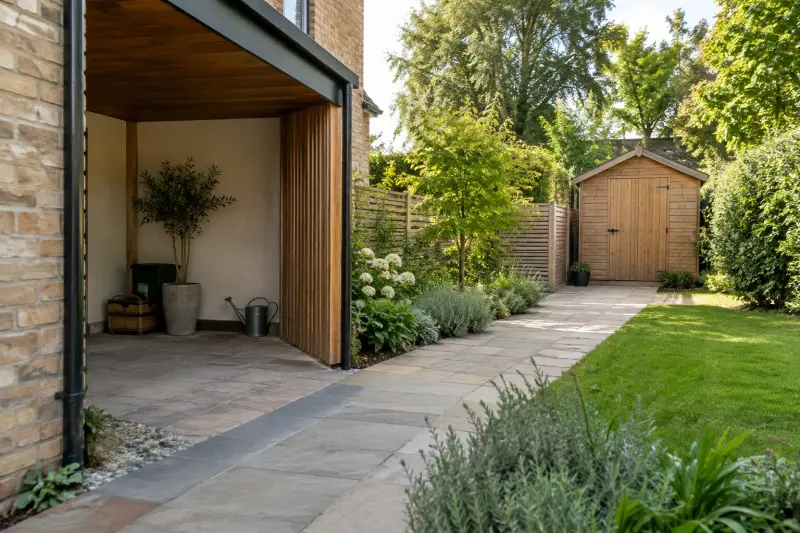 Illustrative garden showing a timber shed and a separate covered alcove near the house.