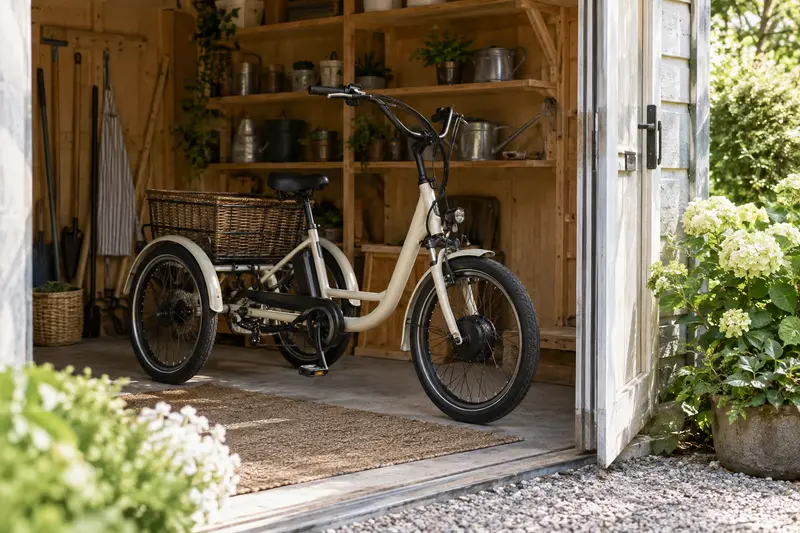 Illustrative unbranded adult tricycle parked in an open garden shed.