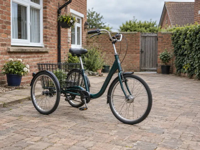 Illustrative generic adult tricycle standing unused in a brick-house courtyard; its legal classification is not shown.