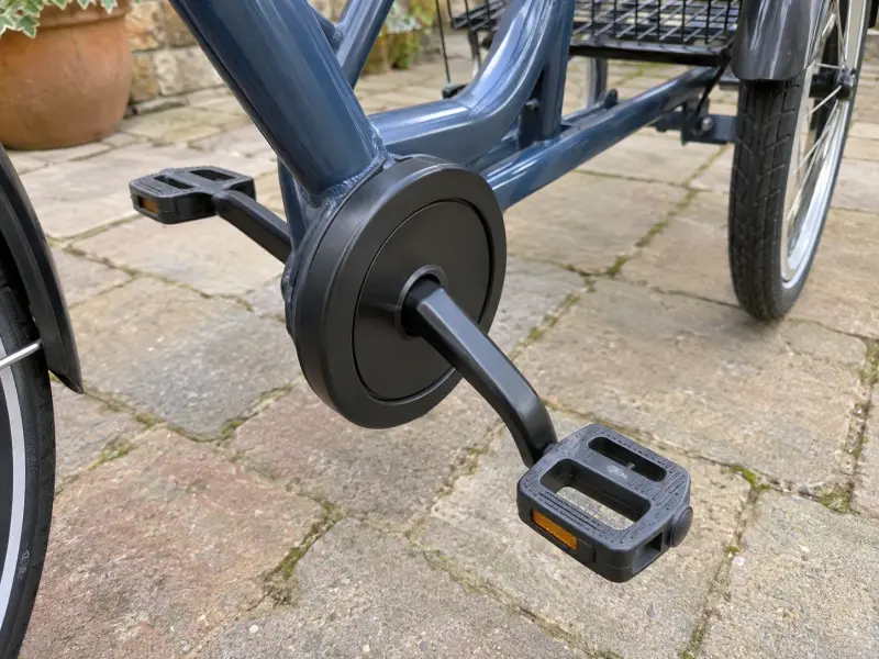 Illustrative detail of plain pedals and crank on a stationary generic tricycle.