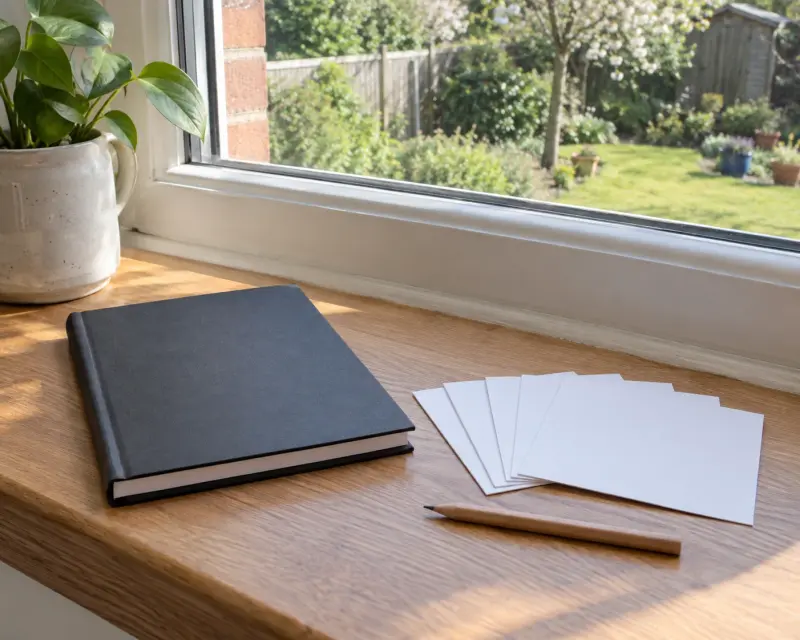 Illustrative supplier-question preparation with a closed plain booklet, blank cards and pencil on a windowsill.
