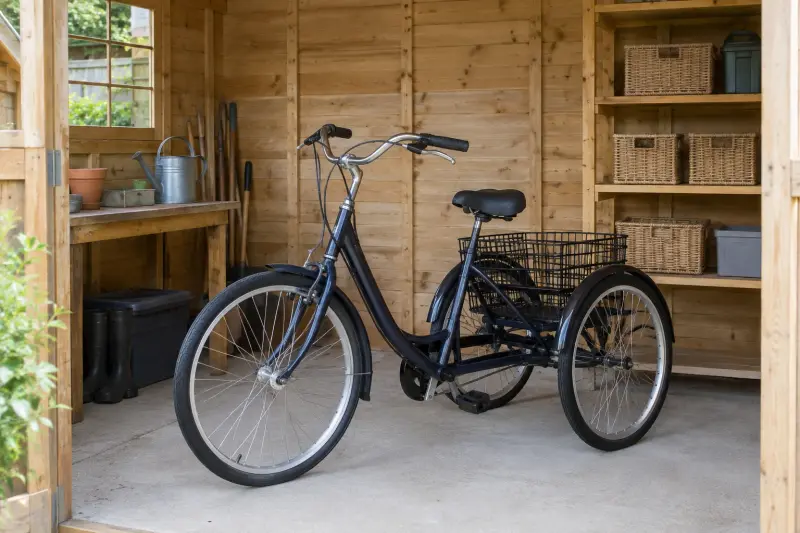 Illustrative storage context with an unused generic tricycle and separate baskets in a dry garden shed.