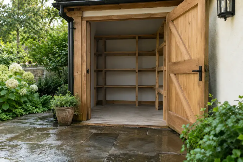 An open garden storage doorway with wet paving outside.