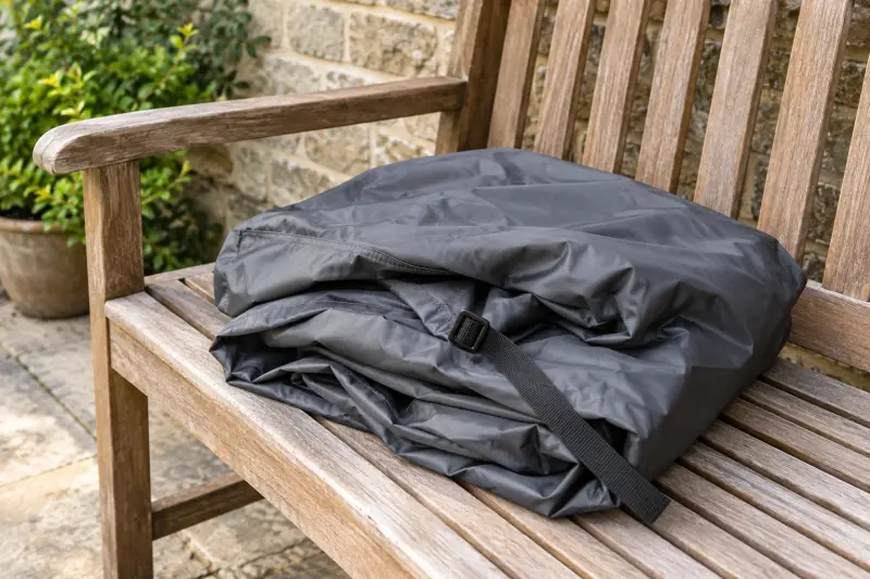 A plain folded cycle cover and loose strap on a wooden bench.