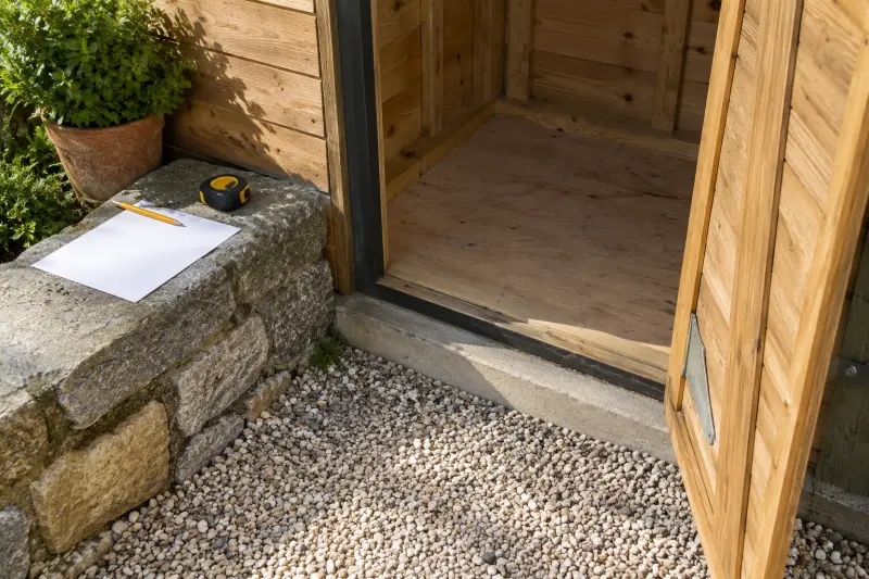 A closed tape measure and blank paper beside an empty storage doorway.
