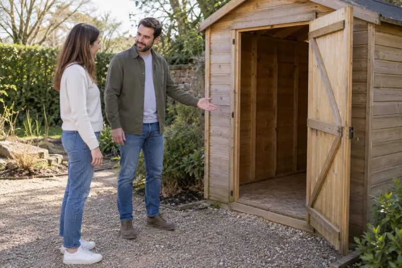 Two adults discussing an empty garden shed from the path.