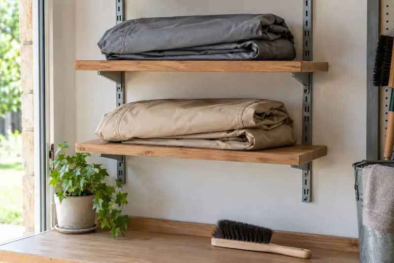 Two plain folded covers stored on separate shelves above an unused brush.