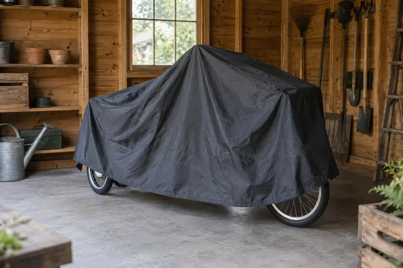 Illustrative loose cover over a parked cycle in a detached garden shed.