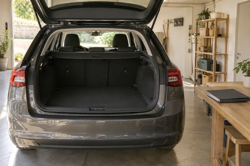 Illustrative empty hatchback cargo space with a closed planning folder nearby.