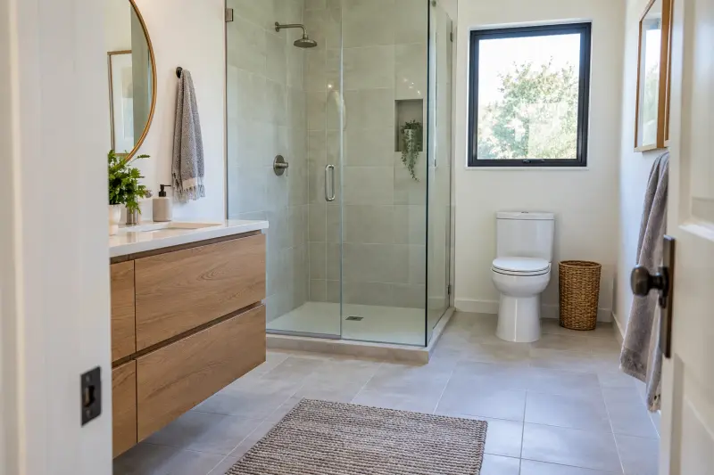 Illustrative bathroom room context with a dry shower enclosure, vanity and toilet before support-placement questions.