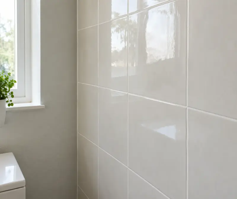 Illustrative bathroom wall detail showing glazed tiles, grout joints and an adjacent painted surface.