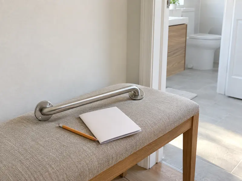 Illustrative unattached generic support rail on a bench beside a plain instruction booklet and pencil.