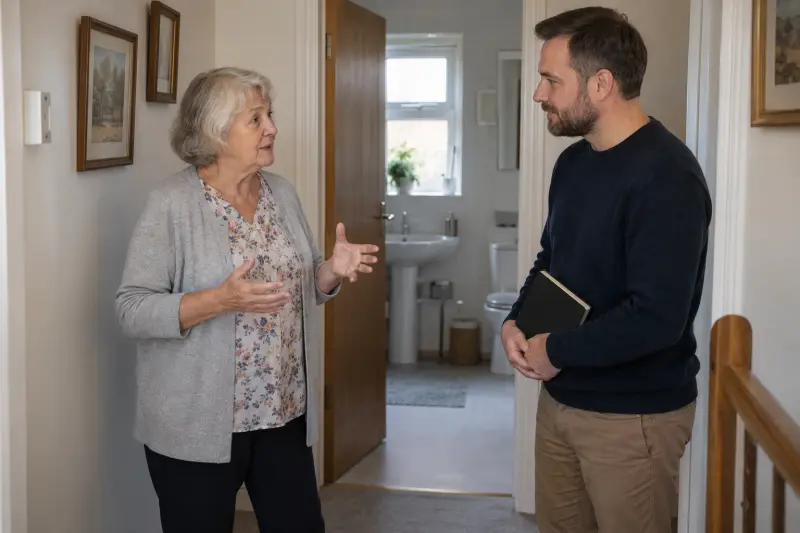 Illustrative household conversation outside a bathroom about support questions, with a closed plain notebook.